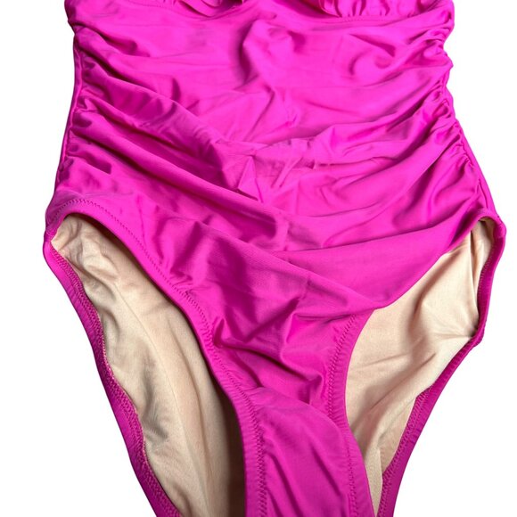 J Crew Ruched One Piece Swimsuit Ruffle V Neck Radiant Fuschia Pink Deep V NWT‎ - Picture 6 of 13
